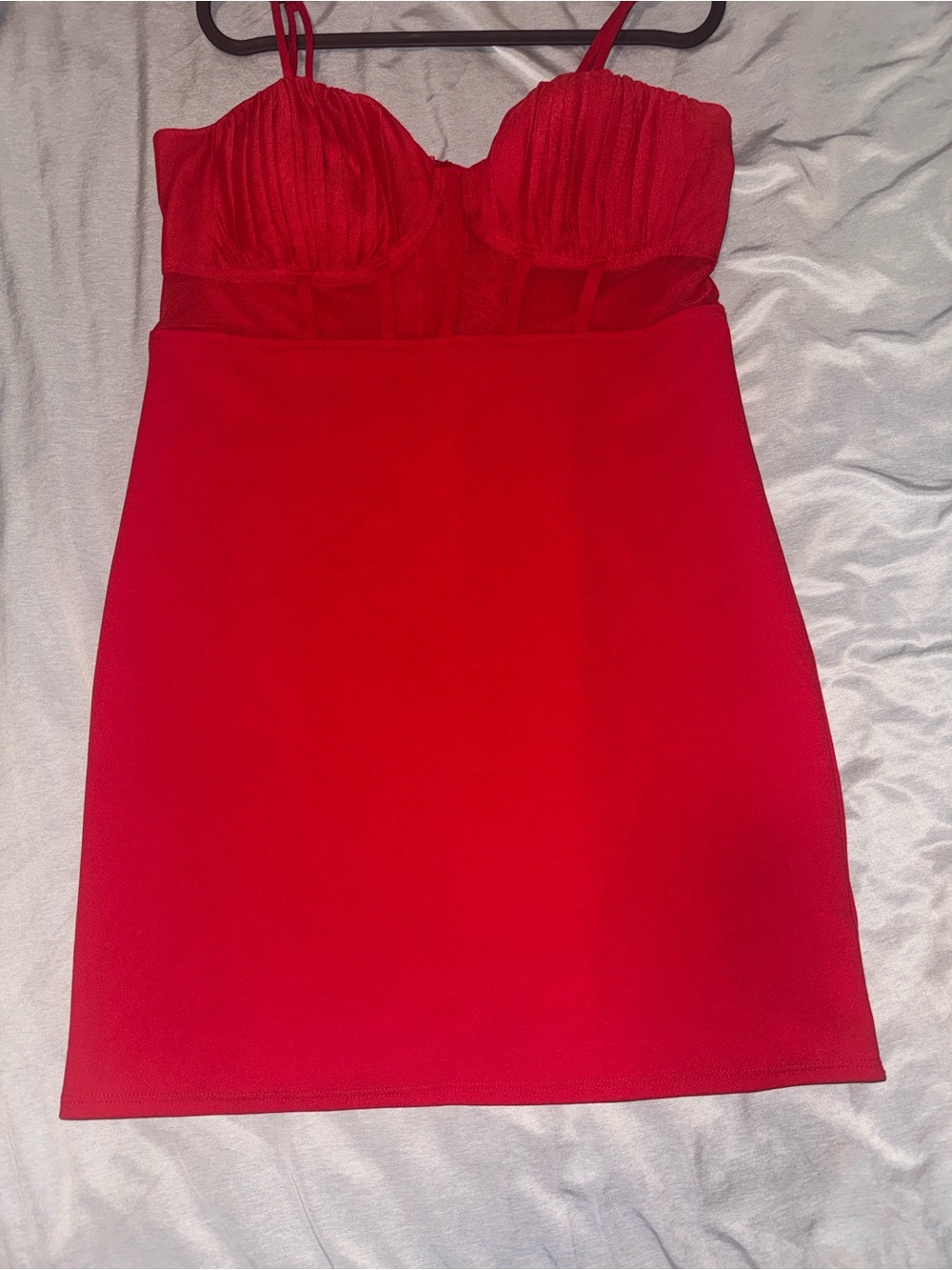 Red Spaghetti Strap Mesh Bustier Bodycon Dress, Above knee